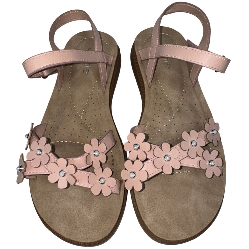 Annie Eperry Girls Sandals Tan Flower Embellishments Size 4 Hook And Loop New